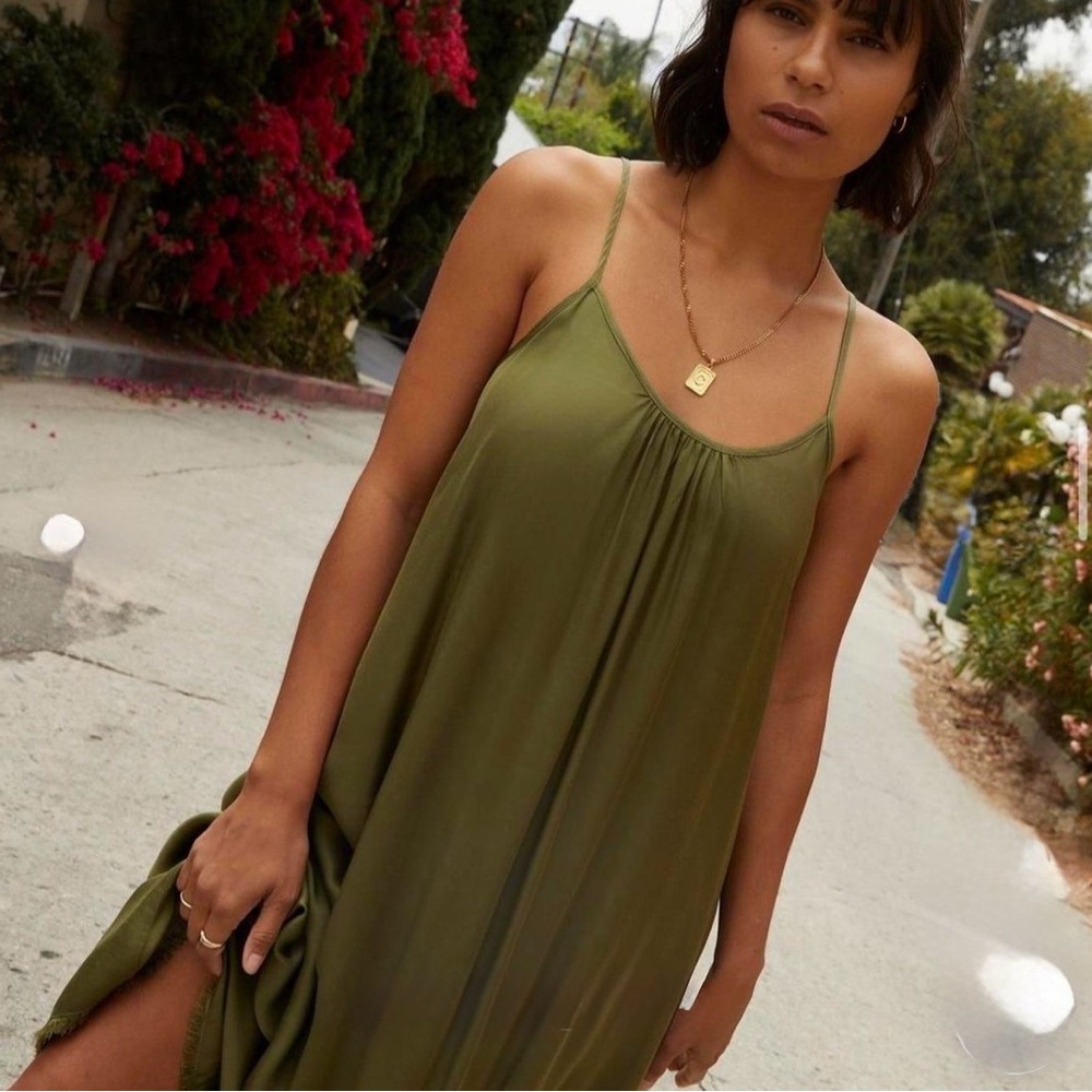 NATION LTD Olive Green Slip Midi Dress